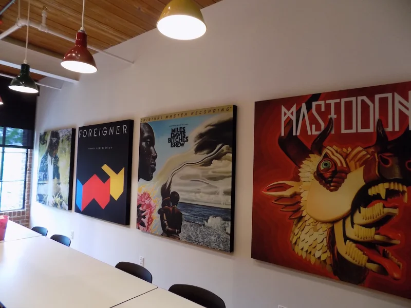 Custom printed PET acoustic panel featuring a high resolution landscape art print